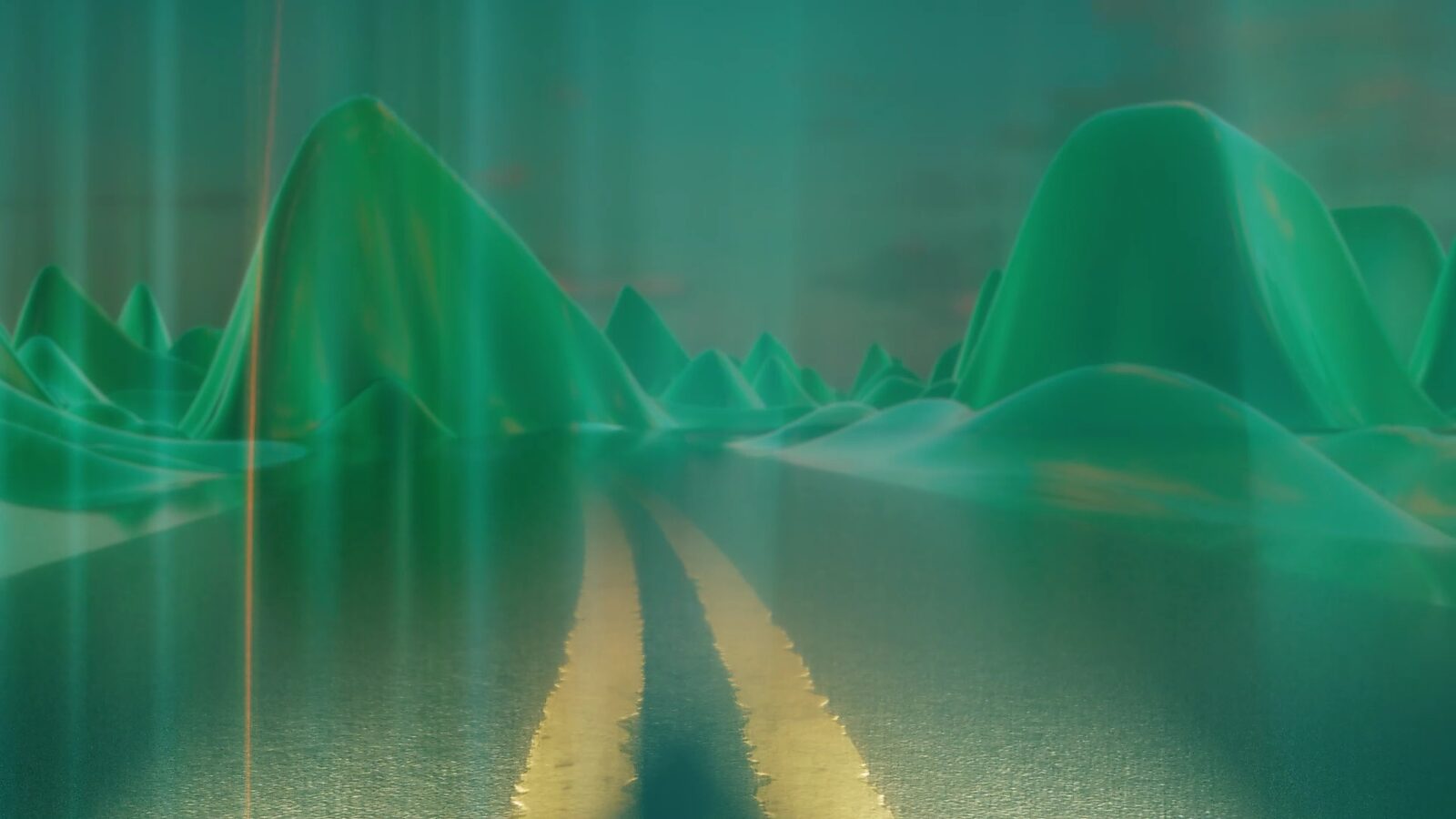 Virtuele transformatie — Achteruitrijdend landschap: videostill uit een 3D-animatie; een weg met dubbele gele lijnen strekt zich uit in een groen, golvend landschap dat lijkt te smelten en op te rijzen als zachte, vloeibare heuvels.