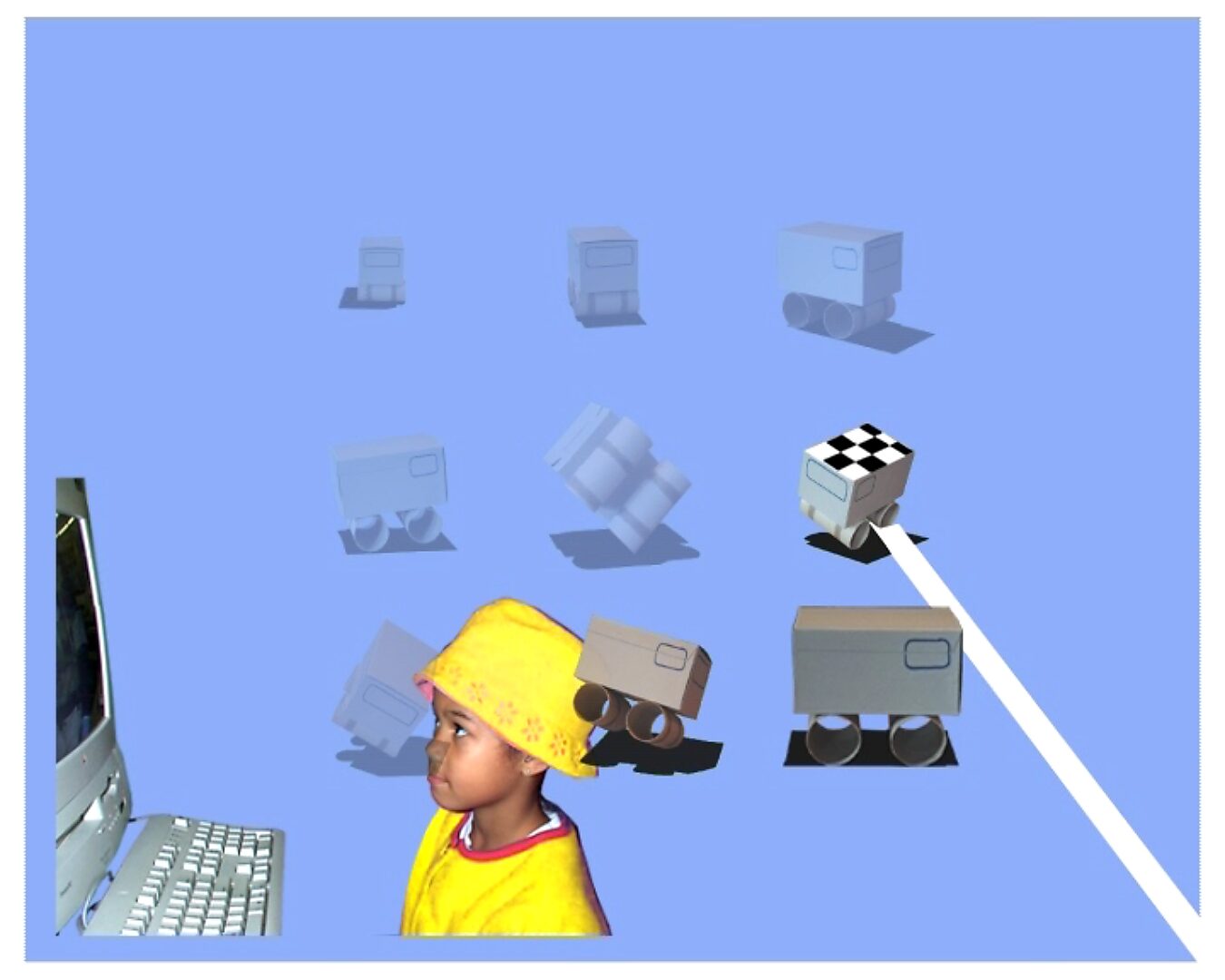 Beweging en verstilling — Vrijheid van fantasie — videostill waarin de witte voertuigen in een rij over het blauwe vlak bewegen terwijl een perspectieflijn naar de achtergrond loopt.