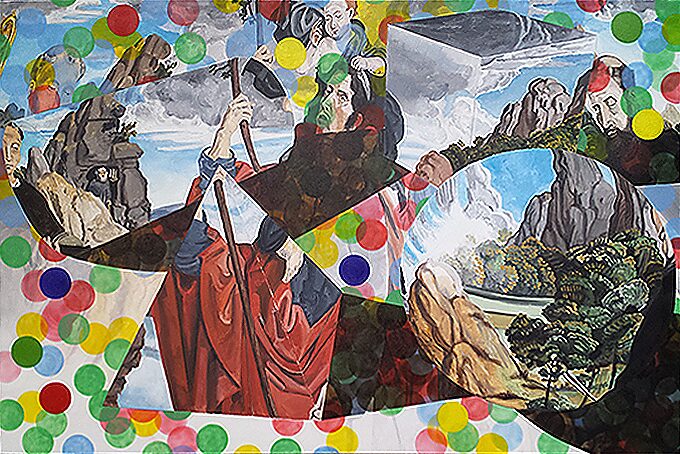 Variations in Difference — painting combining fragments of historical landscapes and figures with coloured dots and overlapping shapes, merging visual layers from different times and styles into a single composition.