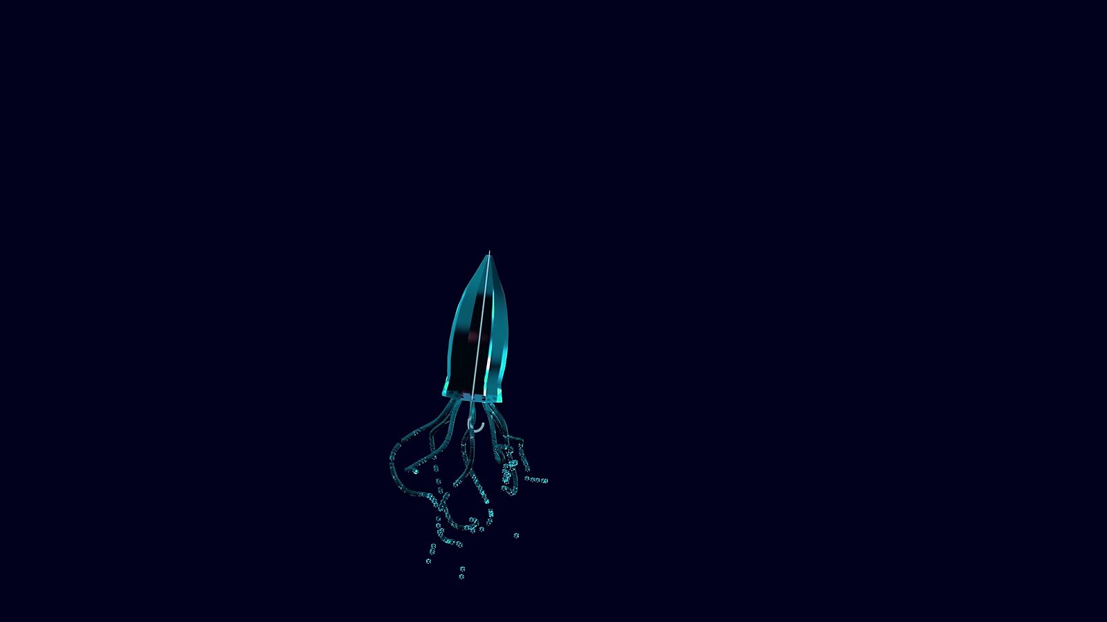 Virtual Transformation — Jelly Umbrella: video still from a 3D animation; the form tilts and closes, transforming the umbrella into a jellyfish-like structure with undulating, luminous filaments.
