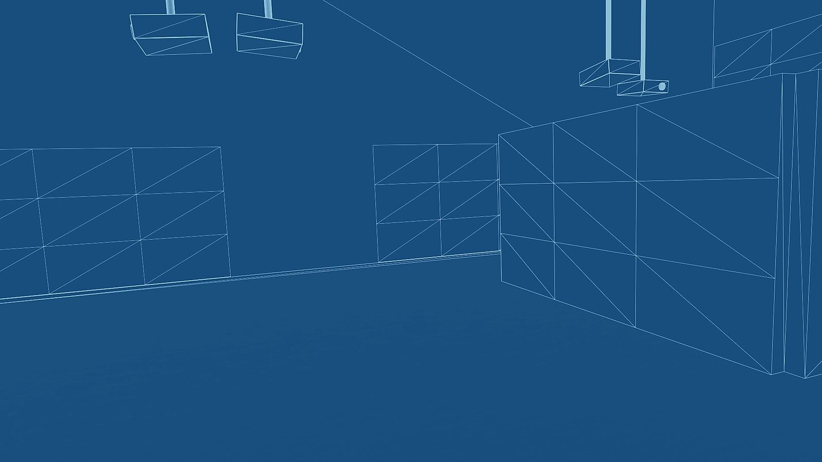 Virtuele transformatie — Vorm van een passage — wireframe videostill van een 3D animatie waarin de modulaire opbouw van de ruimte en de plaatsing van projecties wordt geanalyseerd.