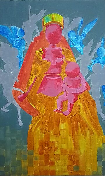 Madonna in flux — oil painting dominated by warm red and golden tones, transforming the original digital colour shifts into tangible painted texture.