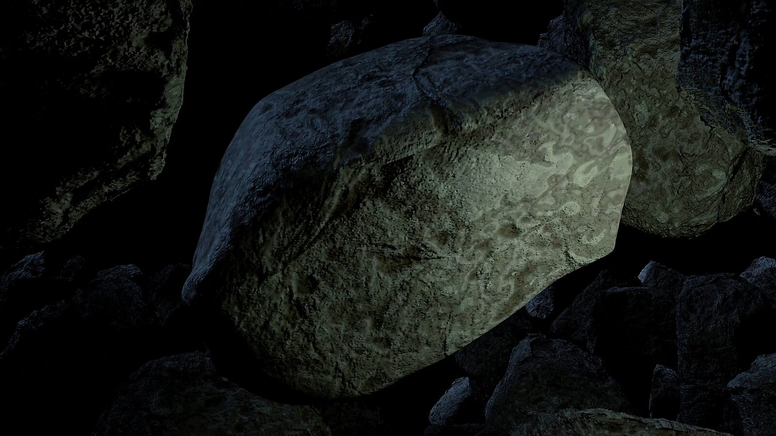 Rocky’s transformatie — videostill waarin de rots kantelt en verder vervormt tussen andere rotsblokken in een donkere omgeving.