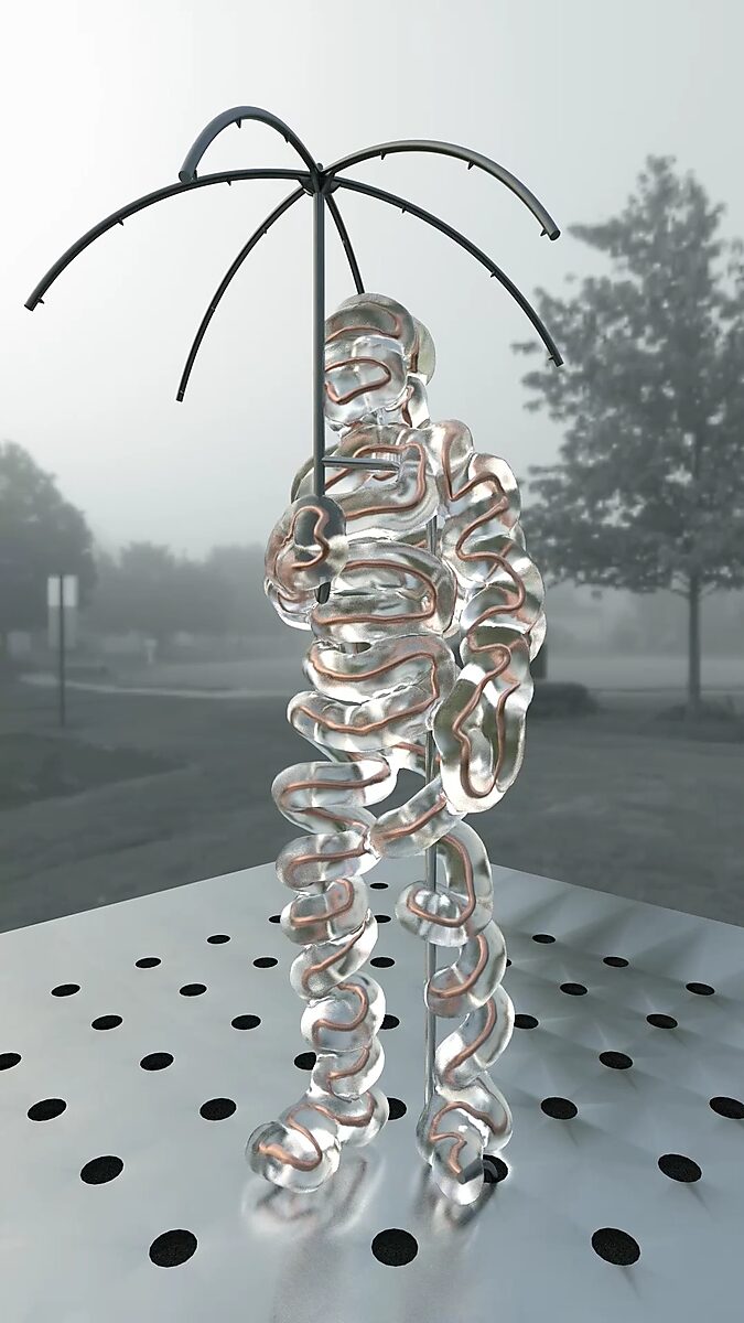 De ijskoude man — videostill uit een 3D-animatie waarin de transparante figuur rechtop staat rond een centrale staaf terwijl de laatste scherven rond het lichaam verdwijnen.