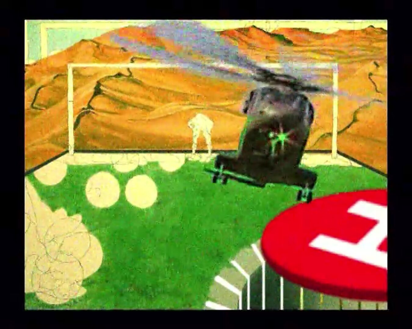 Living Canvas — The Luxury of Replaceable Goalkeepers — video still in which the helicopter moves closer to the foreground while the goal and painted landscape remain visible in the background.