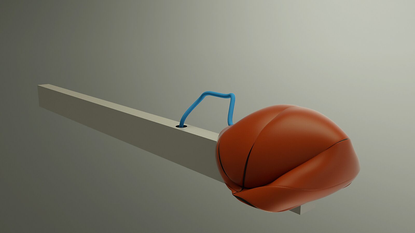 Basketball in Balance — 3D animation videostill: the basketball deforms further and appears to roll off the beam as the cable retracts into the opening.