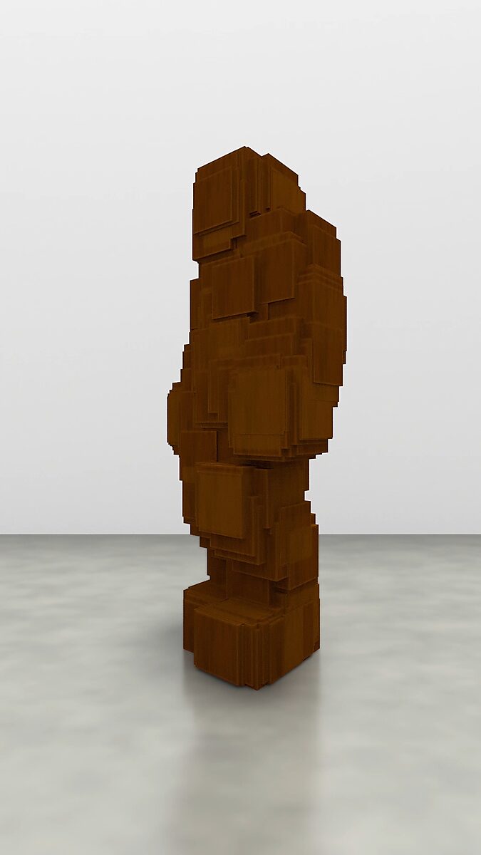 Virtual Transformation — Antony is Getting Up: video still from a 3D animation based on sculptures by Antony Gormley; the figure stands fully upright as a compact, stacked mass, a human silhouette composed of repetitive blocks in a neutral space.