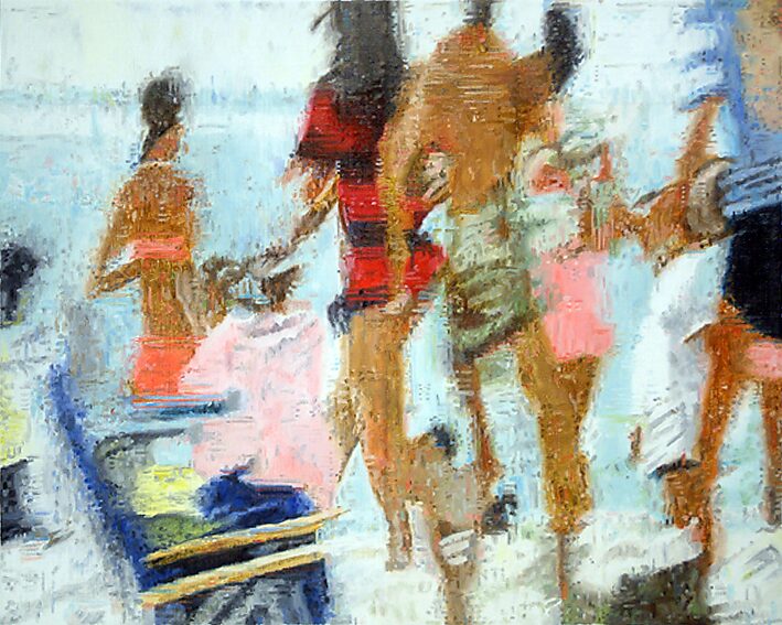 Televisie series, Bevroren actie — The Beach — strandscène met mensen in beweging; de figuren lijken licht vervormd en overlappend, alsof verschillende televisiemomenten van dezelfde beweging in één beeld samenkomen.