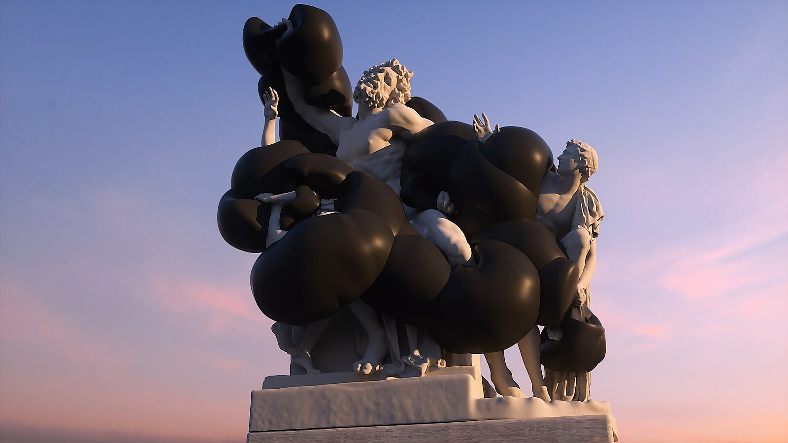 The Serpent of Laocoön — videostill from a 3D animation: the black serpent swells into large bulbous volumes that partly cover the sculpture.