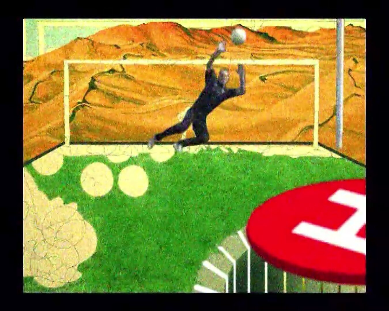 Levend canvas — De luxe van vervangbare doelmannen — videostill waarin de doelman naar de zijkant springt om een bal te stoppen terwijl het geschilderde landschap zichtbaar blijft.
