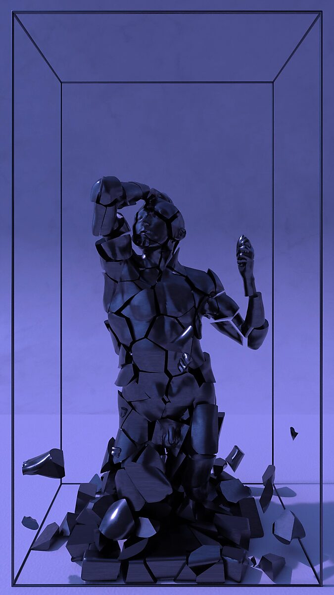 Gebroken volume — videostill van een blauwe 3D-animatie waarin het sculptuur verder uiteenvalt in vele fragmenten binnen de vitrine.