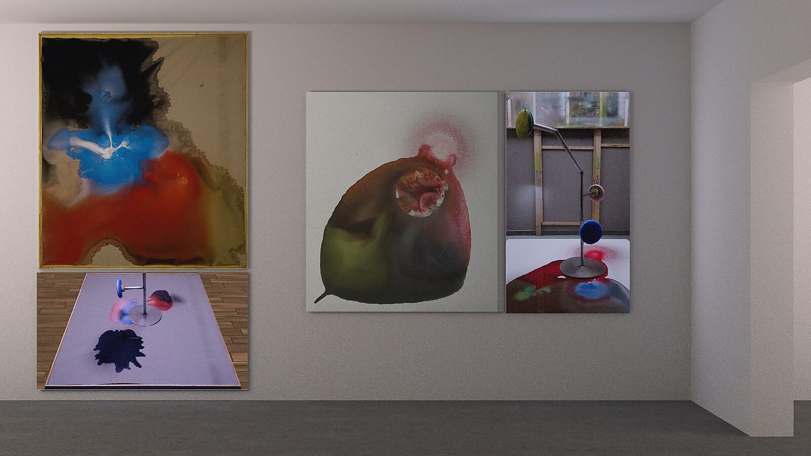 Melting Targets No. 1 and No. 2 — exhibition view with Melting Targets No. 1 on the left, consisting of a painting above a video still of the process, and Melting Targets No. 2 on the right, with the canvas on the left and a video still of the process sho