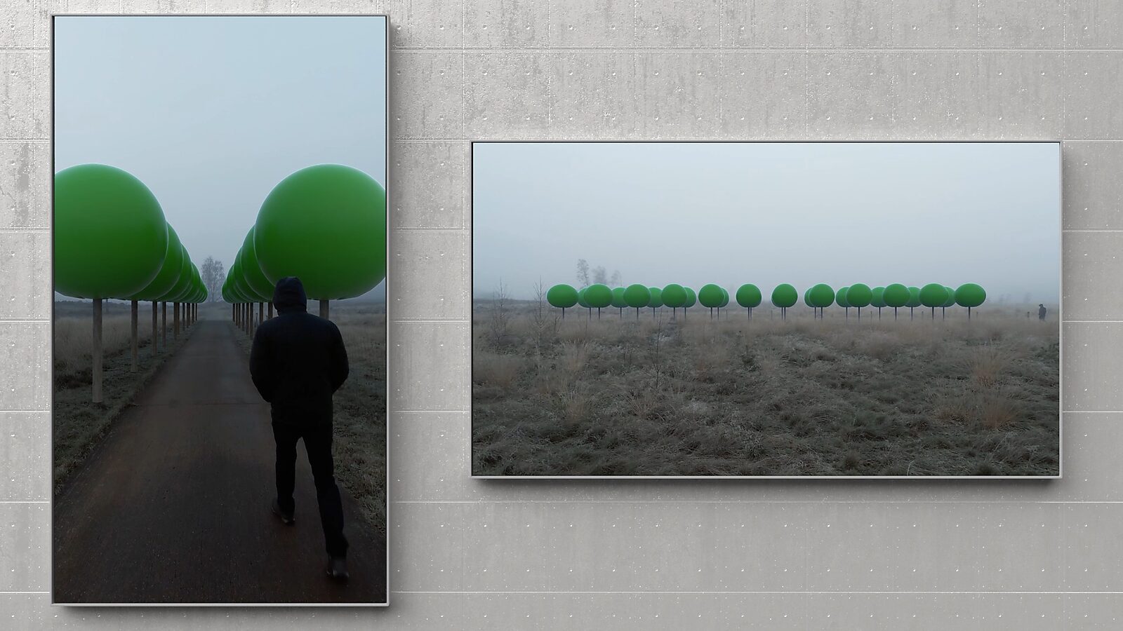 Luchtige bomen — Verlangen naar de Zomerlaan, tentoonstellingsconcept met twee flatscreens: links een perspectief langs een pad tussen rijen bomen met grote groene bollen, rechts een zijaanzicht van dezelfde rij bomen in een mistig landschap.