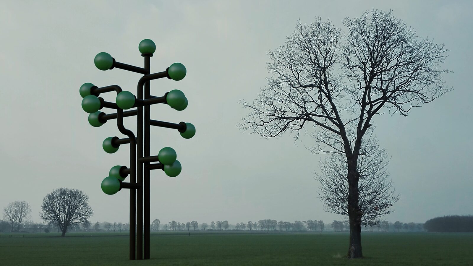 Luchtige bomen — Artificiële groeipijnen, videostill 3D-animatie: in een mistig landschap naast een kale boom staat een zwarte boomachtige structuur met groene bollen aan de uiteinden van vertakkingen.