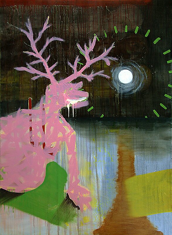 The Canvas and I — oil painting in which a pink, deer-like figure sits before a reflective body of water; a white moon is encircled by green marks, while dripping paint tilts the nocturnal landscape between dream and sign.