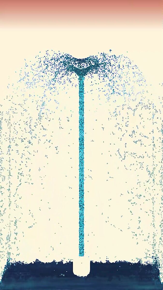 Virtual Transformation — Fluid Patterns: video still from a 3D animation; the particles form a vertical stream that opens at the top into a symmetrical, fountain-like burst.