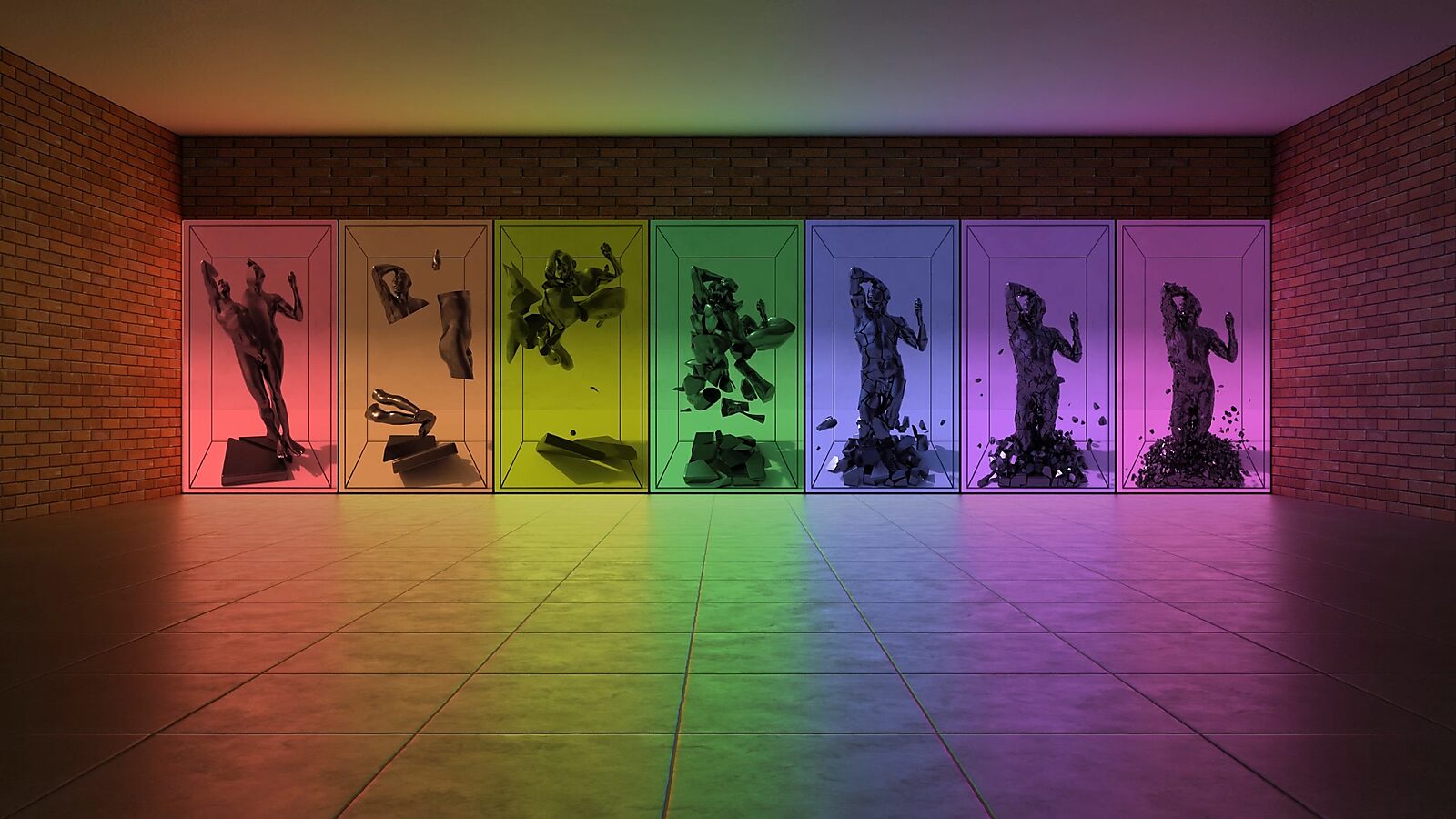 Broken Volume — videostill of a 3D animated exhibition concept in which the sculpture disintegrates in seven stages, from a recognizable figure to progressively smaller fragments in separate vitrines.