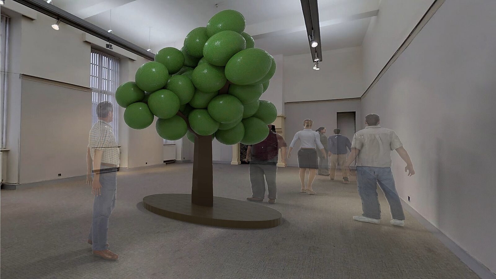 Luchtige bomen — De aanwezigheidsboom, tentoonstellingsconcept, videostill 3D-animatie: de boom staat volledig gevuld met grote groene bollen terwijl bezoekers zich door de ruimte bewegen en langs het werk wandelen.