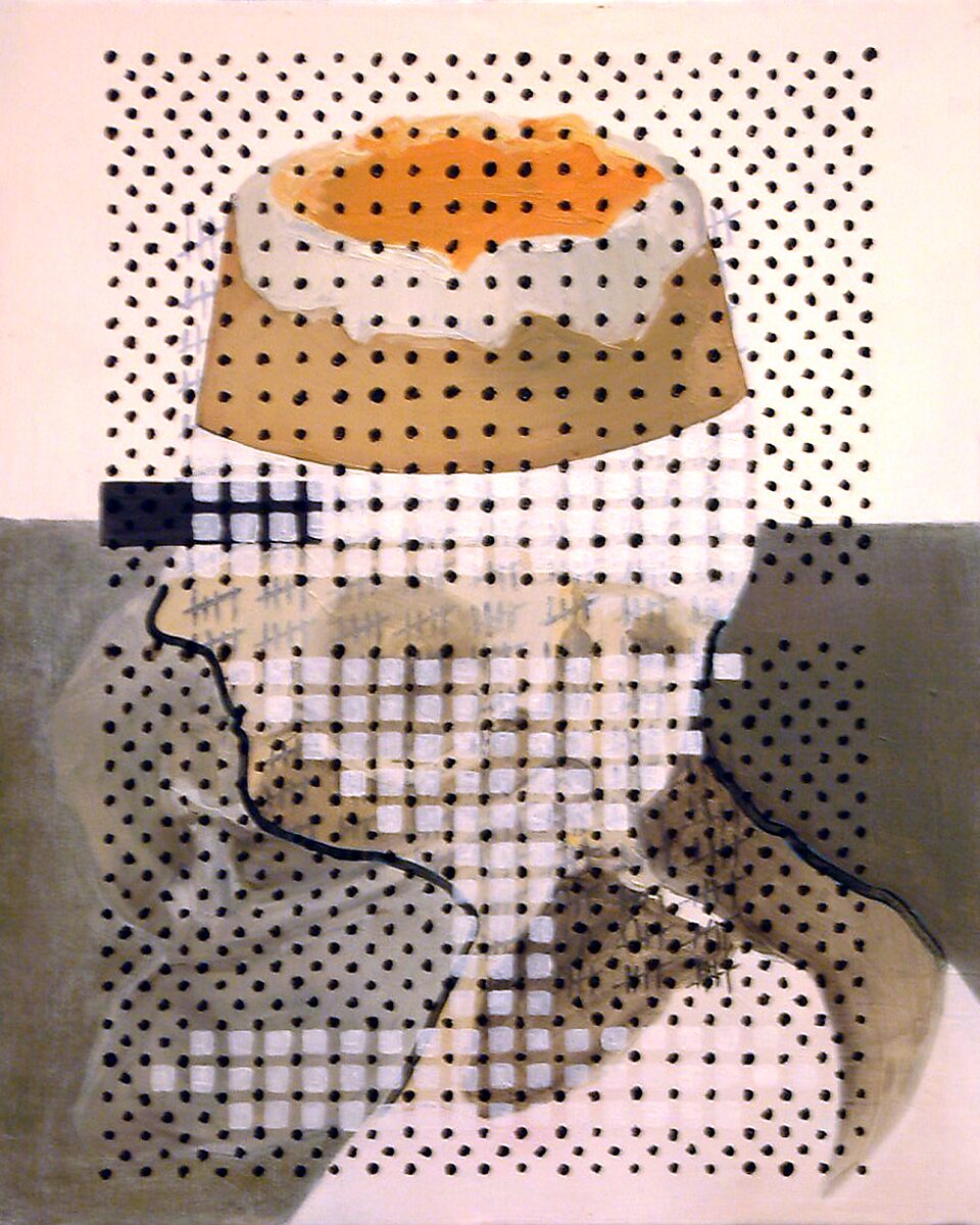Information Overload, Birdy — a central form with a broken open top is surrounded by a field of black dots; transparent grid structures and grey planes overlap the image and distort the underlying figure.