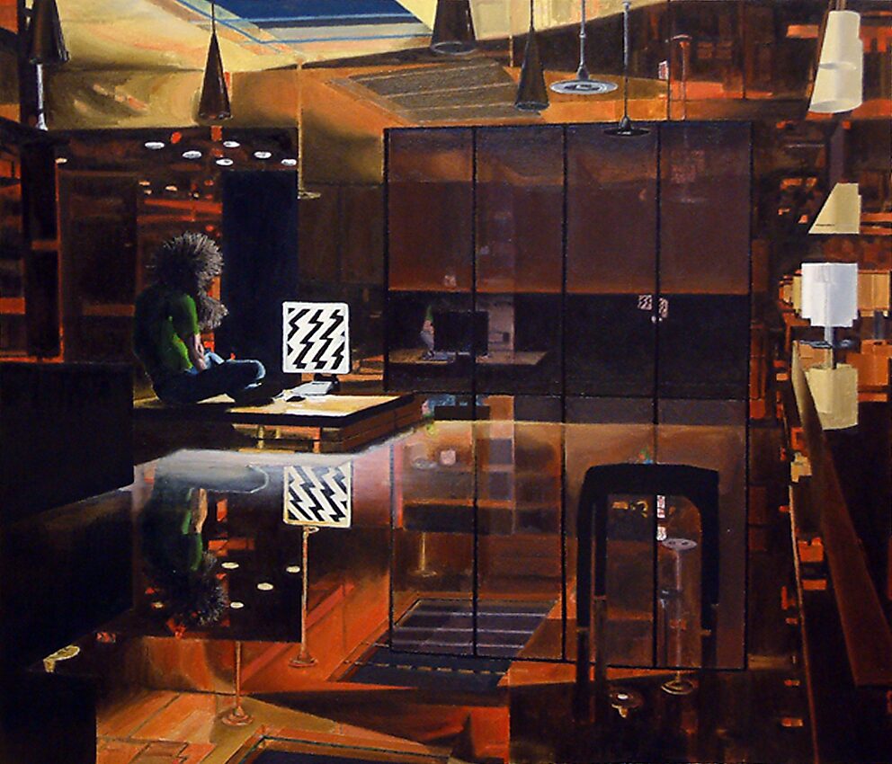 The Modern Cavemen — The modern caveman: golden cage view — the figure sits within a spacious, glossy interior of reflective floors and metal structures; the computer screen with a zigzag pattern mirrors in the surface, making the space resemble a luxurio