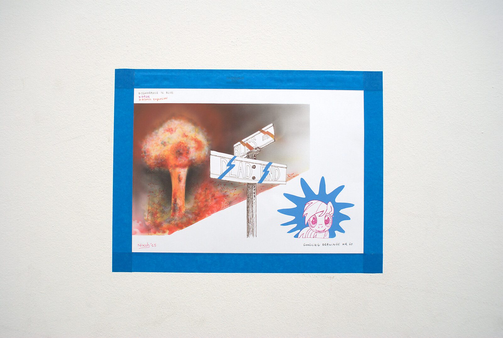 ‘Pro-Life’: Detail of a drawing with an explosion form, signpost and cartoon figure, framed in blue, CC De Adelberg, Lommel, 2015.