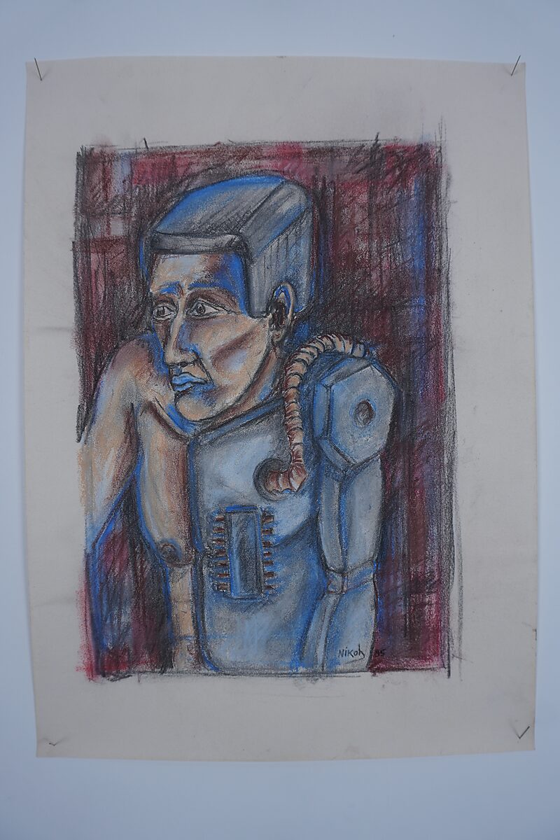 The Divider — process photo: drawing Robotman — portrait of a robot-like figure with mechanical parts drawn in blue and red chalk.