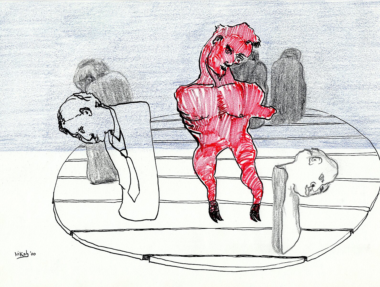 Drawings — Year 2000 — drawing of a circular scene with several busts; in the center stands a red dressed figure with a distorted body while separate heads on pedestals surround it.