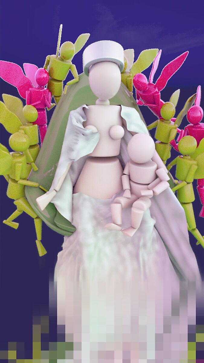Madonna in flux — video still showing the Madonna with child positioned within a circle of winged figures, while changing colour fields continuously transform the atmosphere and meaning of the image.