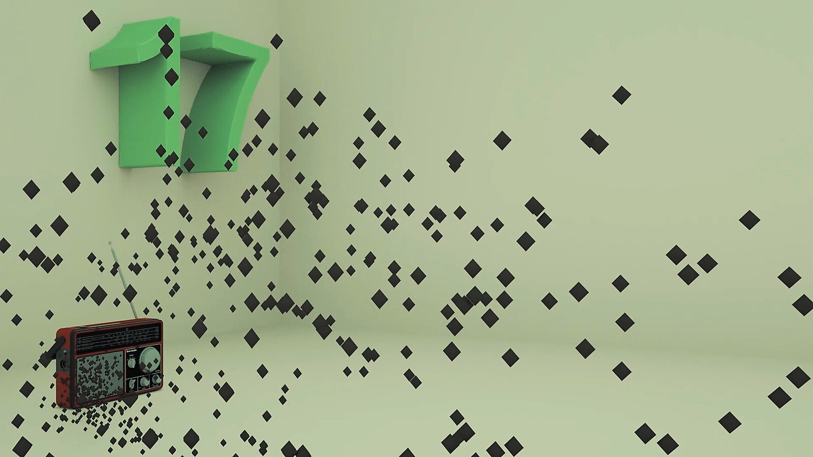 Virtuele transformatie — Haatradio — videostill van een 3D animatie waarin zwarte vierkante deeltjes zich door de ruimte verspreiden vanuit een radio en zich verzamelen rond een groene wandstructuur.