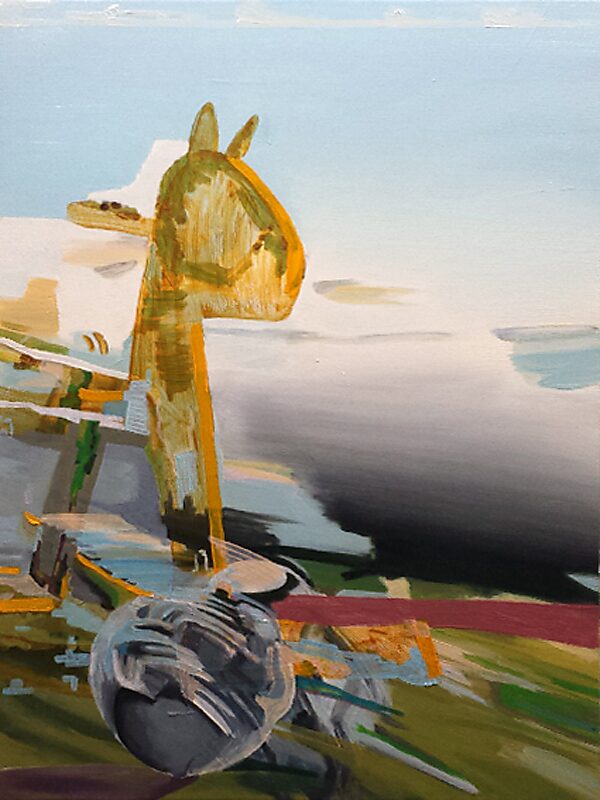 Slow Paintings — Skull and Rocking Horse — oil painting in which the rocking horse stands isolated against an open horizon, while a rounded skull form below seems to move; the image balances between toy, memento mori and landscape.