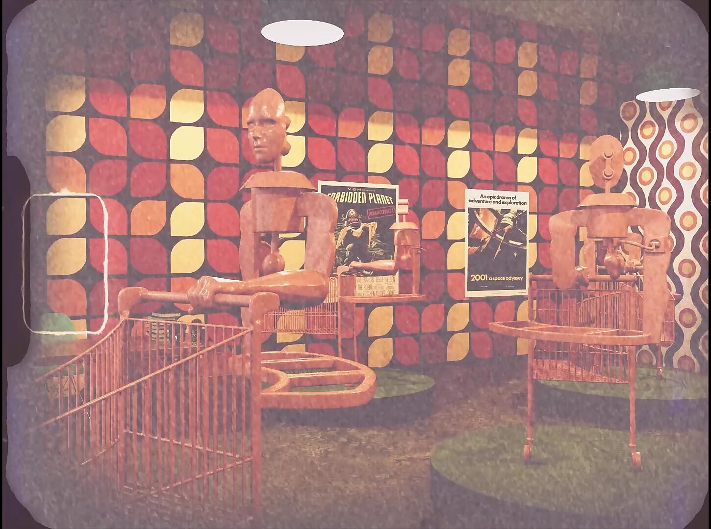Videostill from a retro-futuristic 3D animation featuring multiple vintage cyborg shopping cart sculptures in a store environment referencing science fiction and 1960s retail architecture.