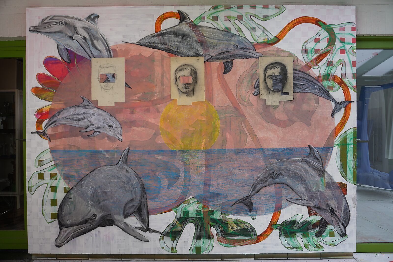 Drawing in Motion — videostill where three small portrait drawings are placed above the yellow circle; each portrait has a rectangular cut-out over the eyes.