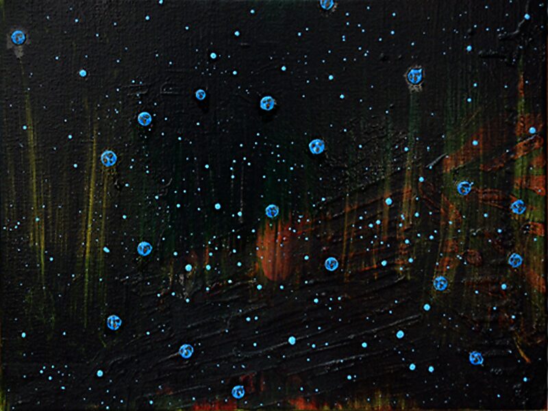 Het canvas en ik, The Canvas and I — olieverfschilderij met een donker, bijna kosmisch veld waarin kleine blauwe stippen verspreid zweven als planeten of cellen; onderliggende horizontale en verticale penseelstreken suggereren een ruimte die tegelijk diep
