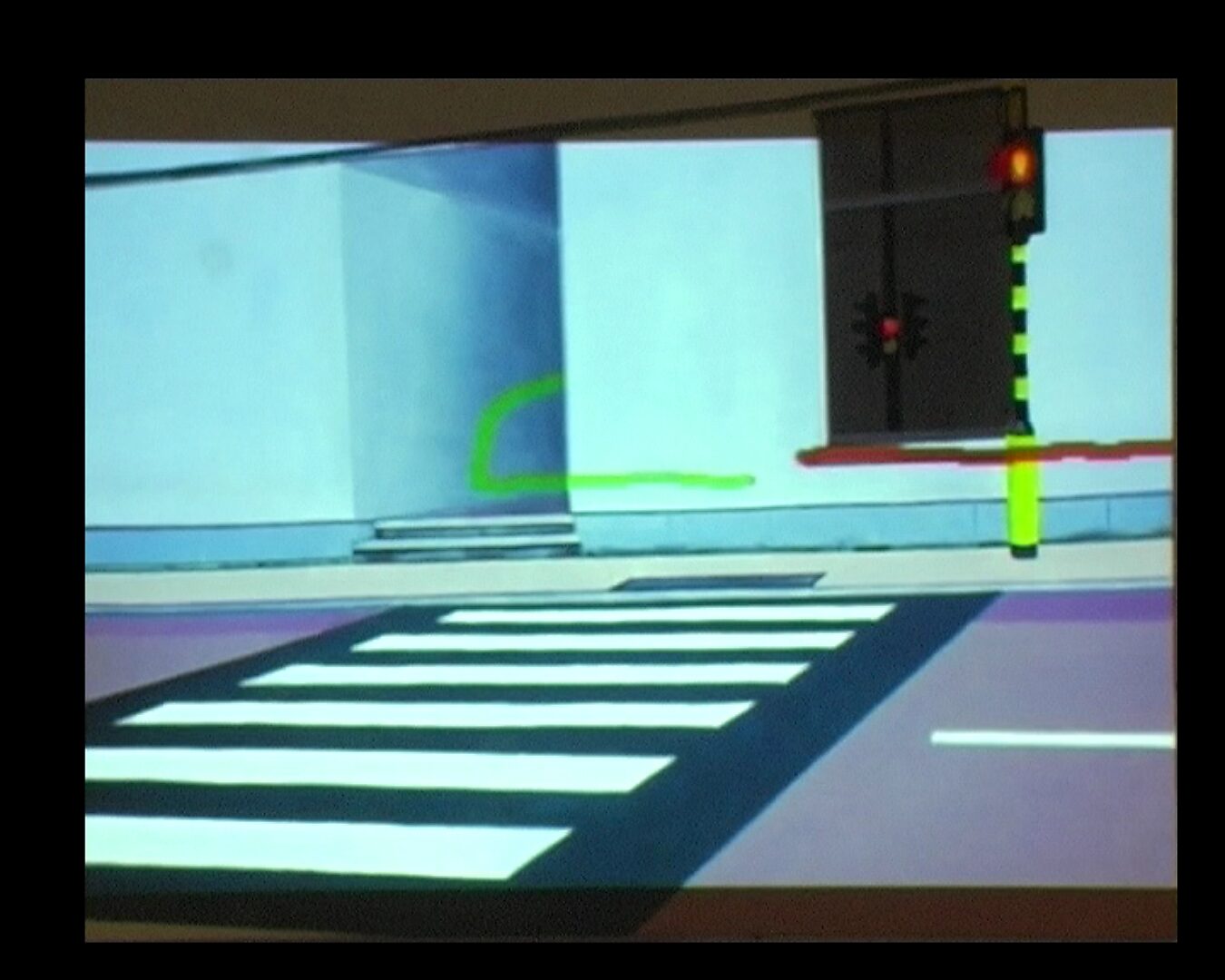 Levend canvas — ‘Blij kloppend hart’ tegen ‘De fluiters’ — videostill waarin gekleurde lijnen langs de stoep en het zebrapad verschijnen als trajecten door het beeld.