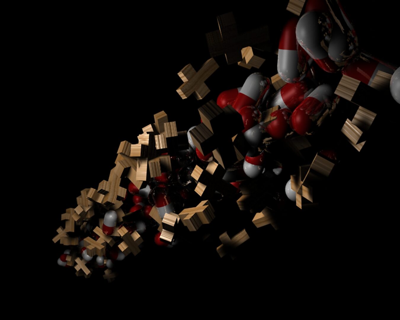 Virtuele transformatie — videostill van een 3D animatie waarin kruisen en pillen zich dicht opeen bewegen in een duistere compositie.