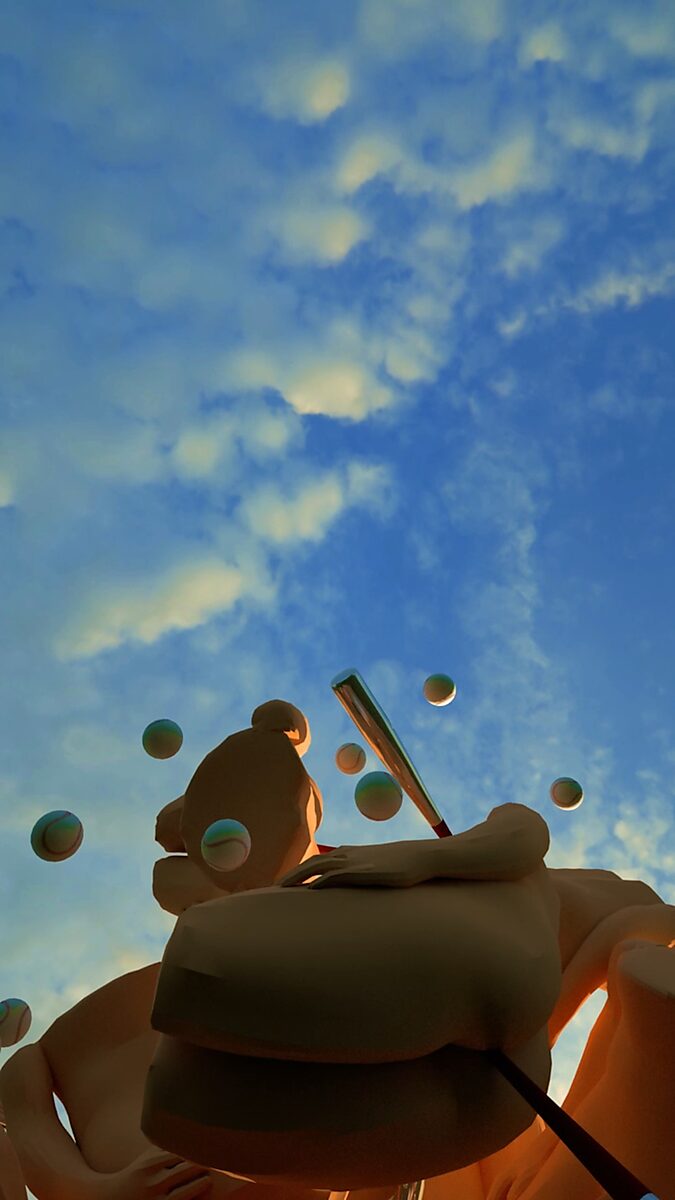 Butt’s, Bats and Balls — low camera perspective presenting the bodies monumentally against the sky while baseballs circulate as orbital elements around the sculptural cluster.