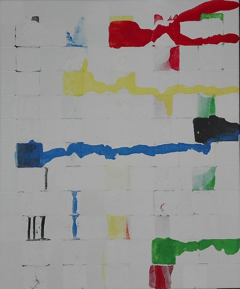 Melting Compositions — painting composed of horizontal color traces and stains created by the controlled melting of several ice plates on the canvas.