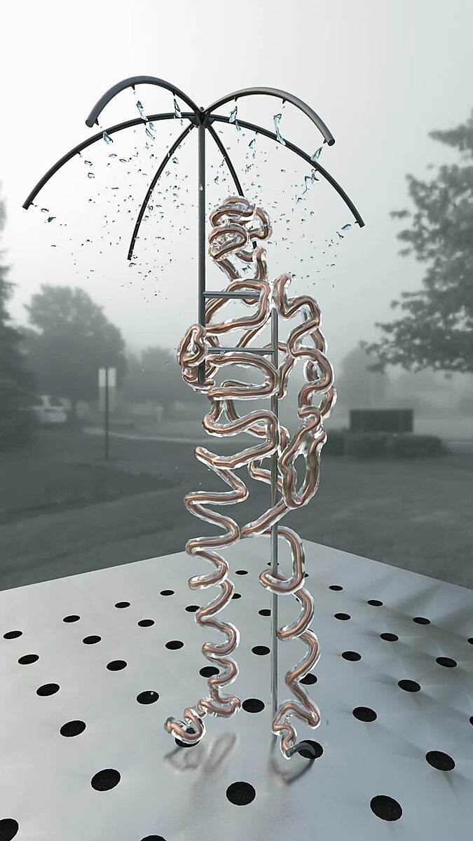De ijskoude man — videostill uit een 3D-animatie waarin de transparante figuur onder een paraplu-achtige constructie staat terwijl brokjes ijs rond het lichaam uiteenspatten.
