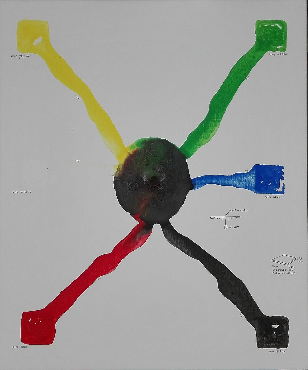 Melting Compositions — painting in which five color streams radiate outward from a dark circular core, each carrying a different pigment color.