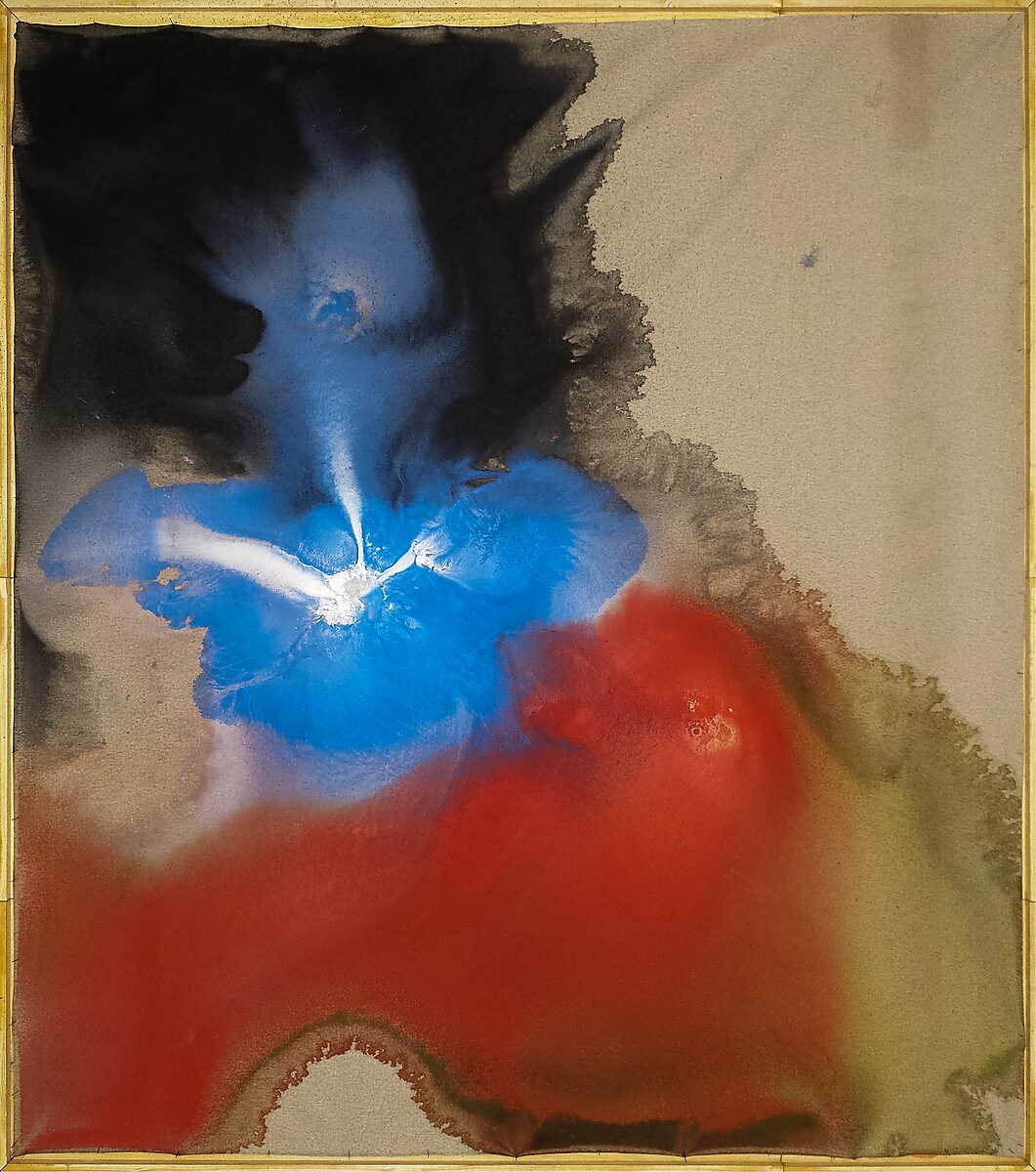 Smeltende doelen nr. 1 — eindresultaat van het schilderij met grote vloeiende vormen in zwart, blauw en rood.