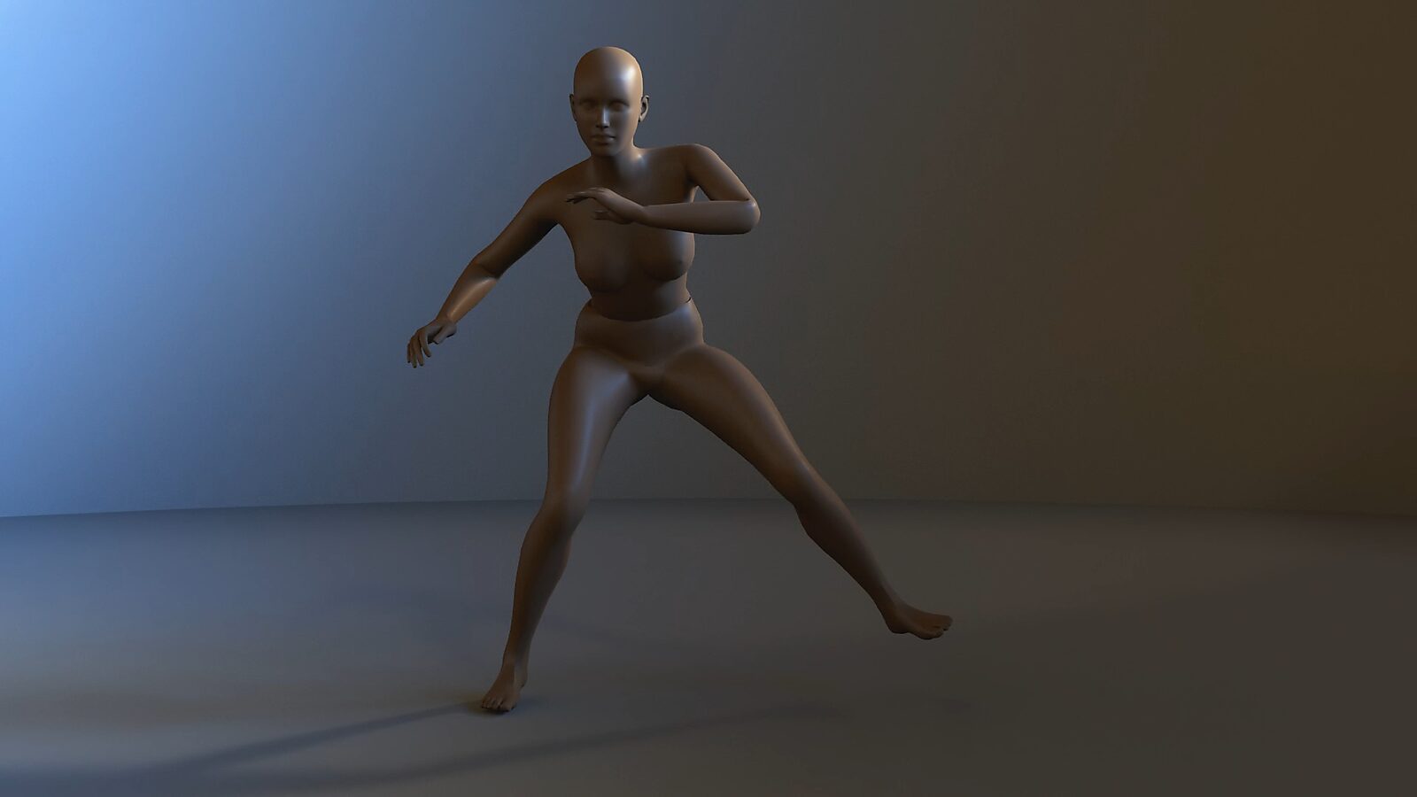 Every Movement Creates a Form No. 2 — video still showing a female 3D figure in motion, where the body occupies a transitional pose suggesting the emergence of a spatial form.