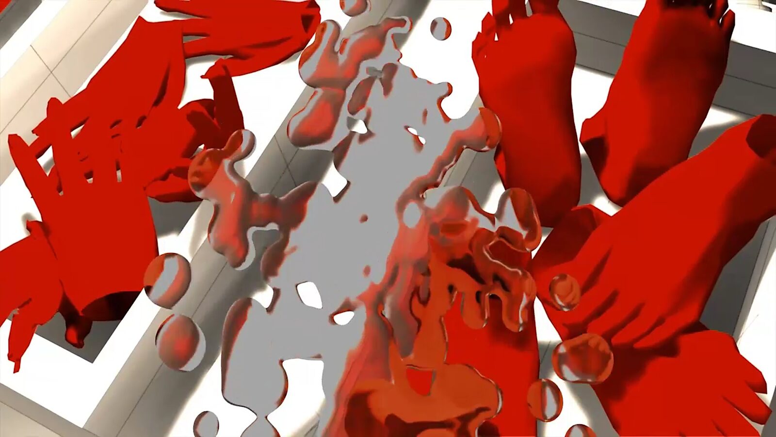 The Meat Market — video still from a 3D animation in which an amorphous, blood-red mass floats centrally in the frame; its glossy, liquid surface contrasts with the rigid, wireframed market stalls and digital environment, presenting human flesh as merchan