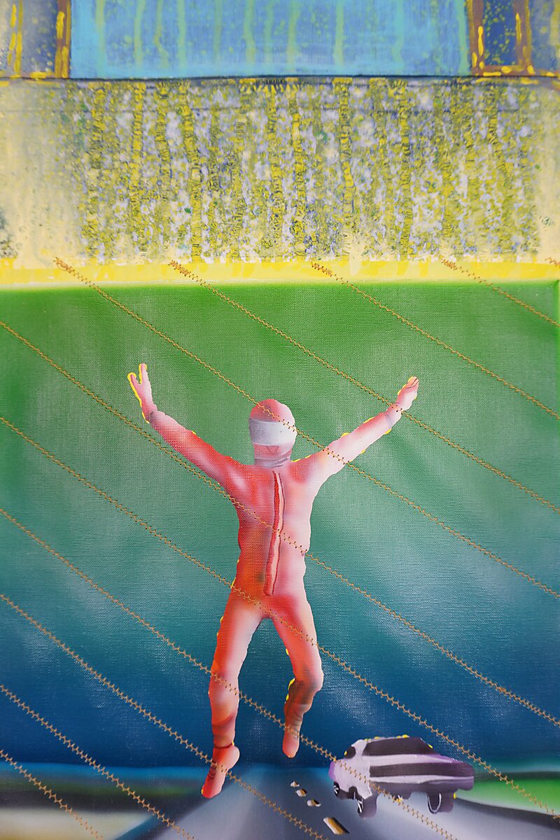 Melting Targets No. 4 — MT.4.7 Resurrection of Ukraine, detail of a sewn-in image of a falling figure above a highway.