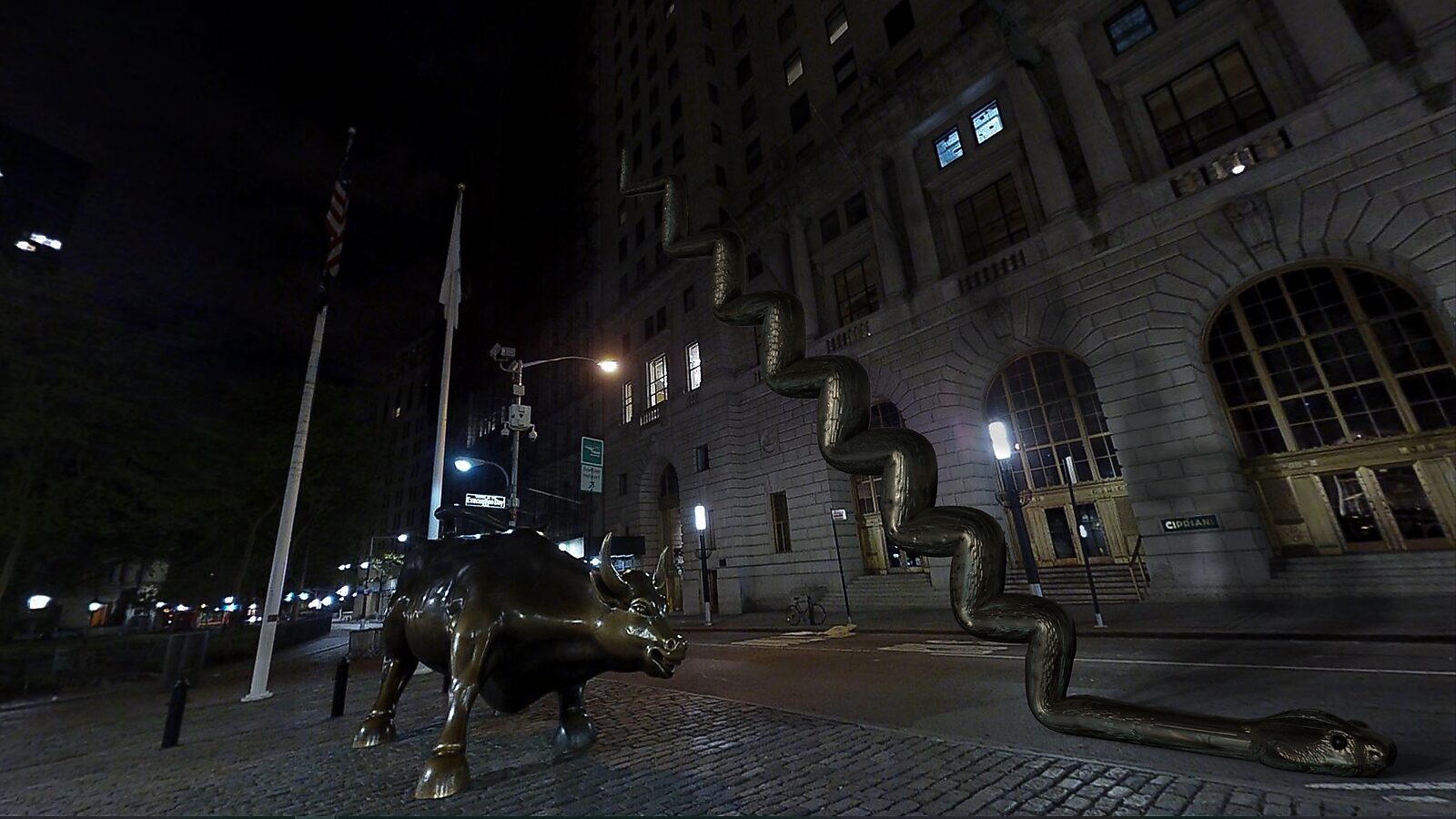 The Serpent’s Staircase — videostill from a 3D animation: the serpent coils upward into a spiral staircase-like form beside the bronze bull statue in the nighttime street.