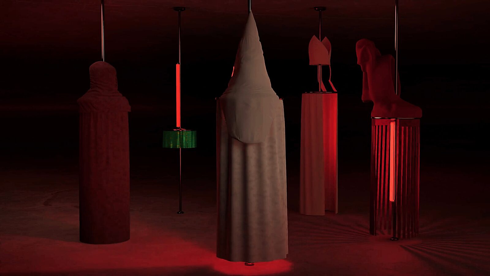 Pole Dance Curtains — videostill from a 3D animation: under red lighting the sculptures stand like silent figures around the dance poles; the curtains fall like cylindrical skirts around the structures.