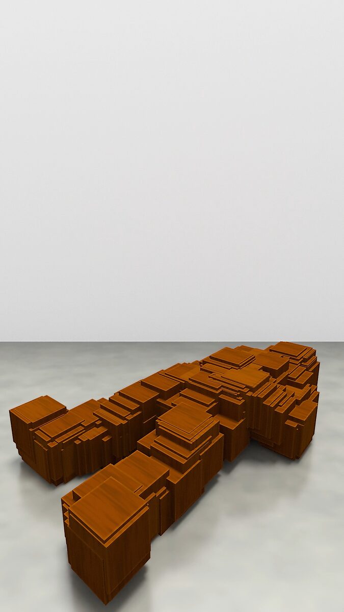 Virtual Transformation — Antony is Getting Up: video still from a 3D animation based on sculptures by Antony Gormley; a figure composed of stacked blocks lies horizontally and begins to organize into a recognizable human form.