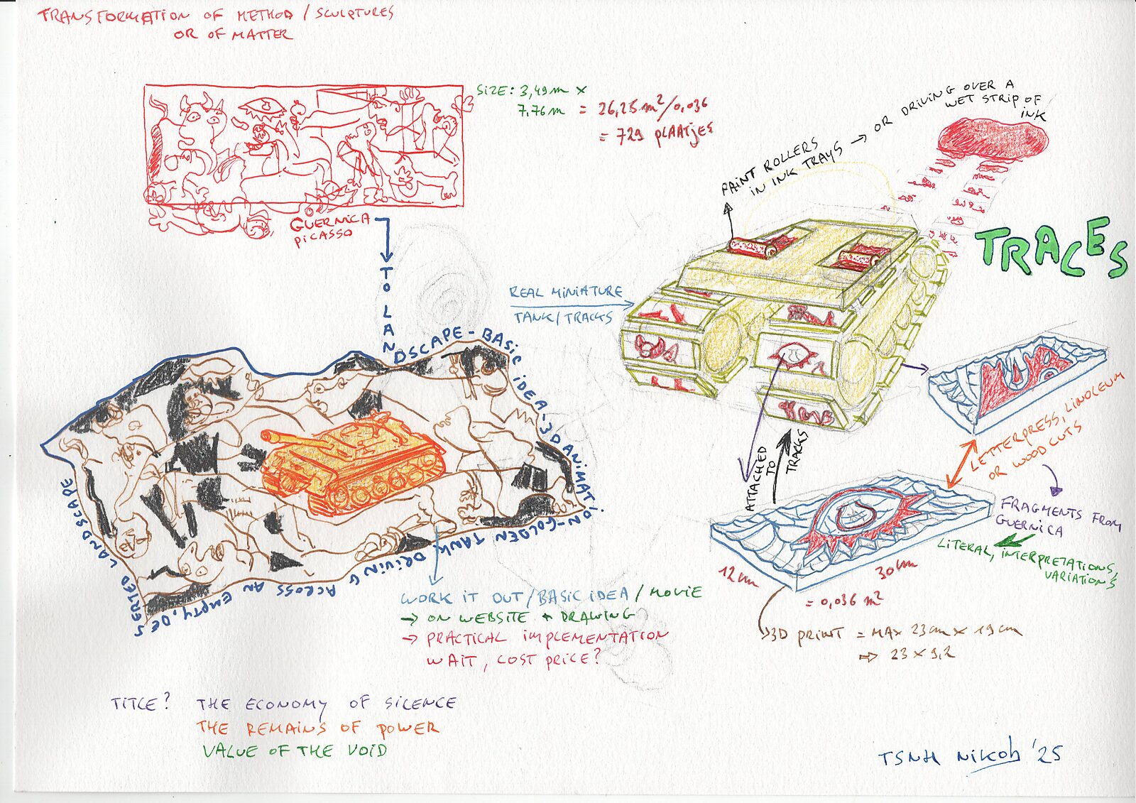 The economy of silence, concept drawing (process) — sketch sheet with drawings, notes, and diagrams exploring an installation concept with a tank form, traces, and fragments inspired by Guernica.