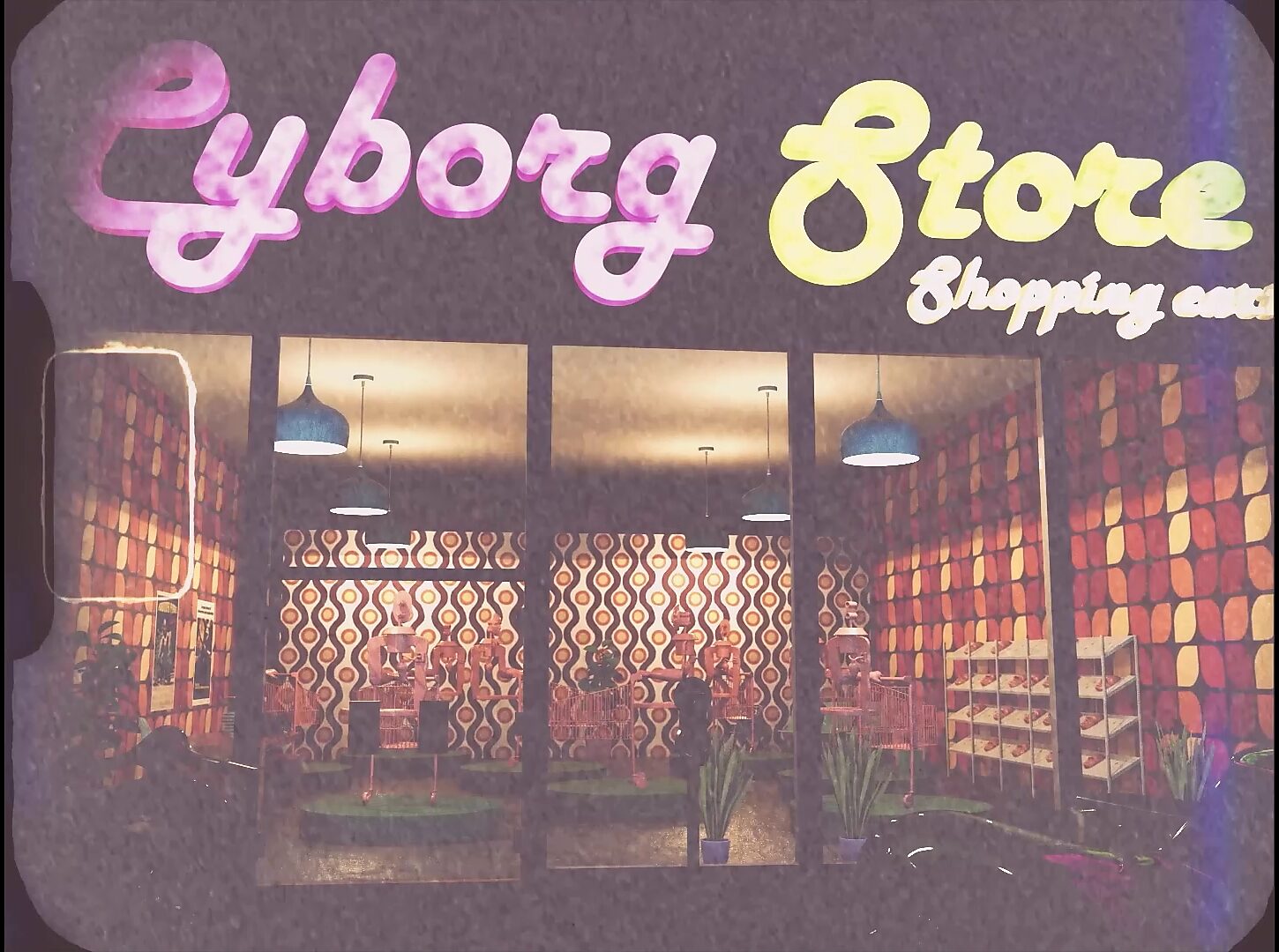 Videostill uit een 3D animatie van een fictieve jaren-60 Cyborg Store met vintage cyborg winkelkarsculpturen zichtbaar achter een etalage met retro winkeltypografie en neonkleuren.