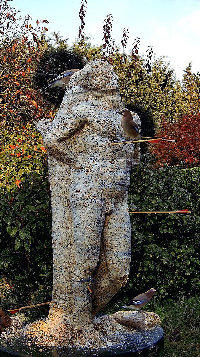 St. Sebastian with Birds No. 3 — video still in which several jays and small birds land on the arrows and the sculpture while feeding on the birdseed.