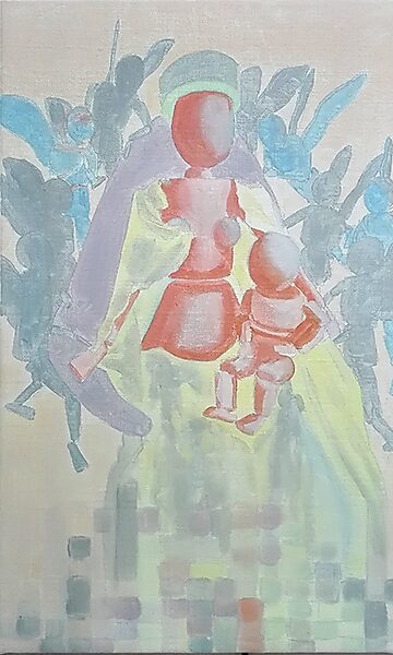 Madonna in flux — olieverfschilderij met verzachte pastelkleuren waarin Madonna, kind en engelen gedeeltelijk oplossen in licht en verf, waardoor de overgang van digitaal beeld naar schilderkunst zichtbaar blijft.